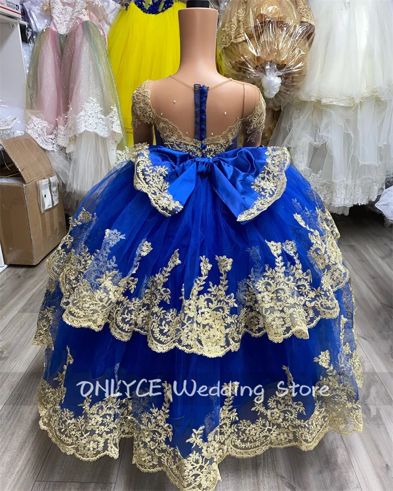 Luxury 2024 Royal Blue Flower Girls Dress With Bow Beading Golden Lace Appliques Ball Gown Cute Child  Birthday Party Gown