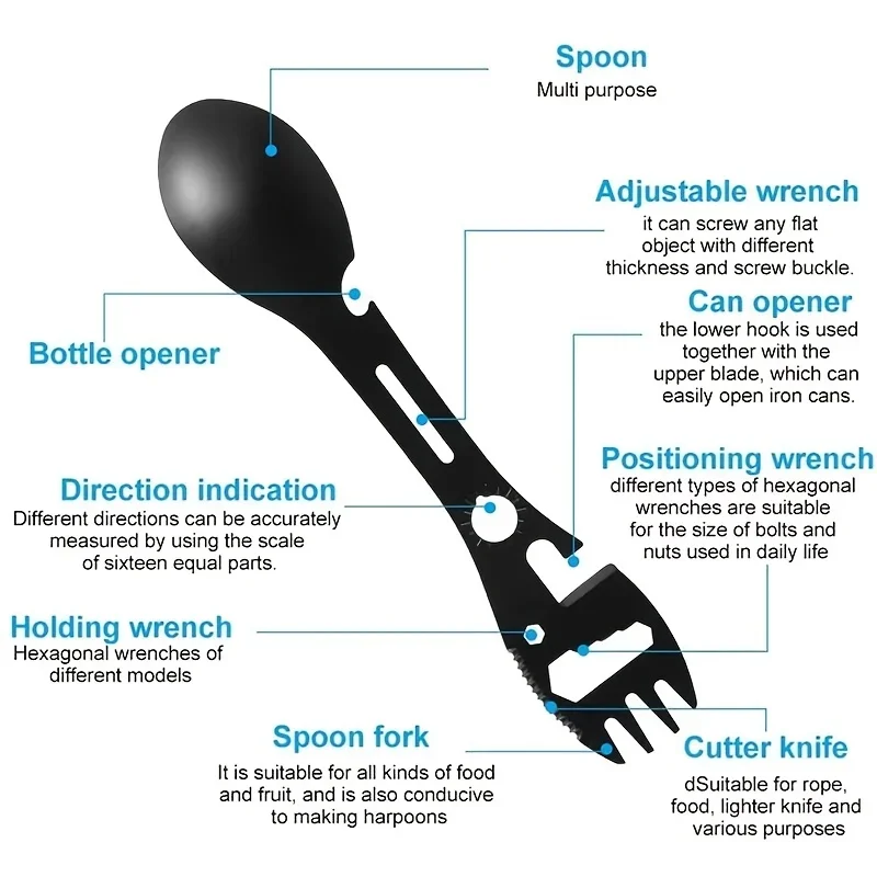 10-in-1 Multi-Functional Spork Stainless Steel Portable Utensil with Can Opener Serrated Knife Wrench Direction Indicator
