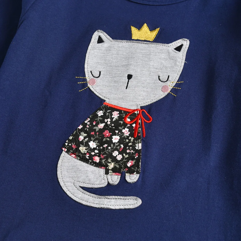 VIKITA Girls Cat Cartoon Print T Shirts Kids Navy O Neck Autumn Spring Cotton Casual Daily Long Sleeve Tops Tees Kids Clothing