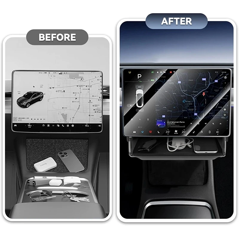 Under Center Console Screen Storage Box For Tesla Model 3/Y 2019-2023 Center Console Hidden Fold Able Car Storage Organizer Tray