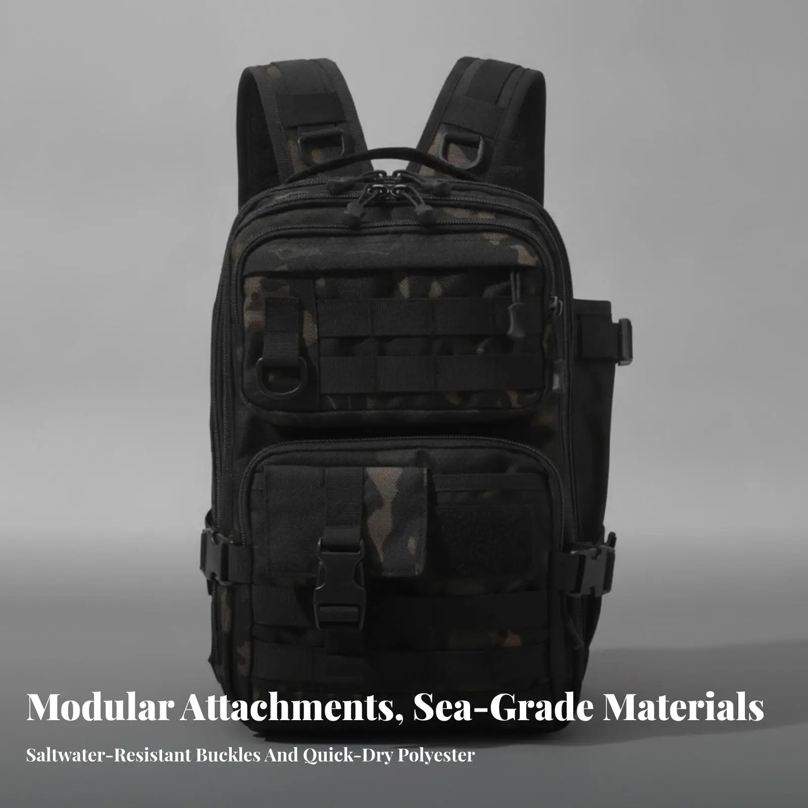 Small Backpack Waterproof Fishing Bag with Attachment Panels and Metal D-rings for Camping Gear and Day Trip Essentials