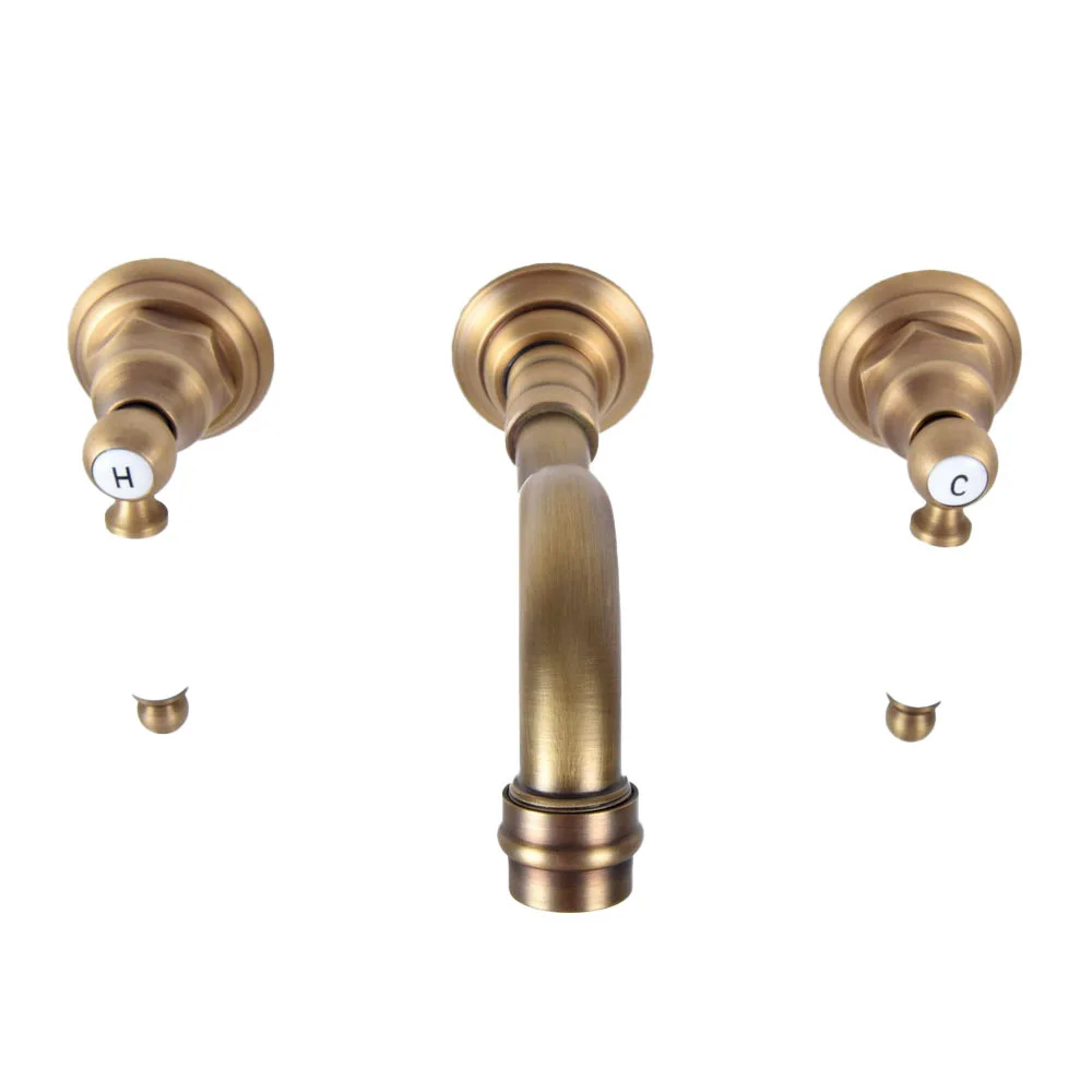 Retro Vintage Antique Brass Two Handle Wall Mount 3 Hole Widespread Bathroom Lavatory Vessel Basin Faucet Sink Mixer Tap dsf509