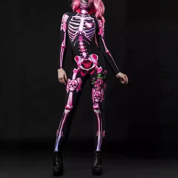 Halloween Skeleton Print Onesie Low Waist Diamond Embellished Long Pants Cotton Fabric Women's Fashion Body Shaping Suit