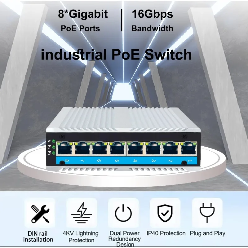8-port PoE Industrial Switch VLAN Isolation, High Temperature Resistance, IP40 Protection, DC Dual Power Rail Installation