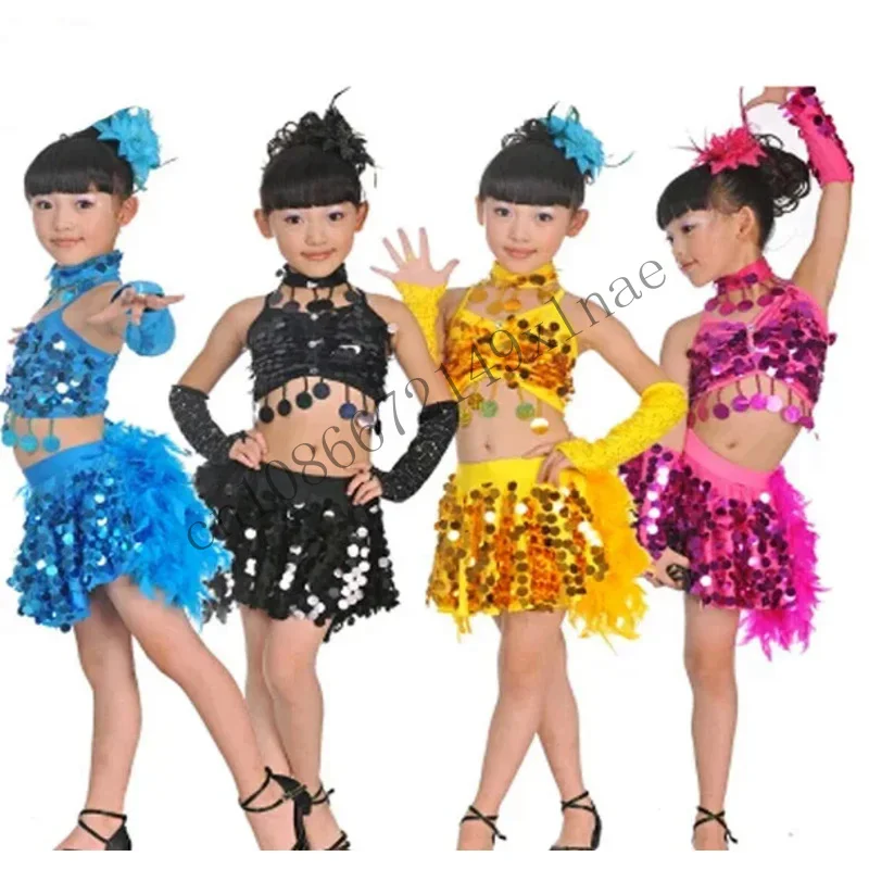 Gaun anak-anak, anak-anak perempuan, pakaian Latin Samba, gaun bulu Ballroom, kostum dansa payet CM