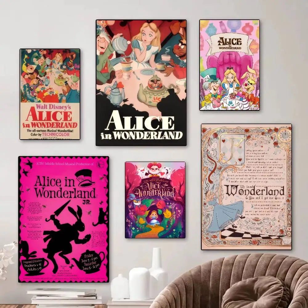 Póster Adhesivo DIY, Impresiones en Papel Blanco, Pósters Artísticos, Decoración Nórdica para el Hogar, Vintage, Alicia en el País de las Maravillas