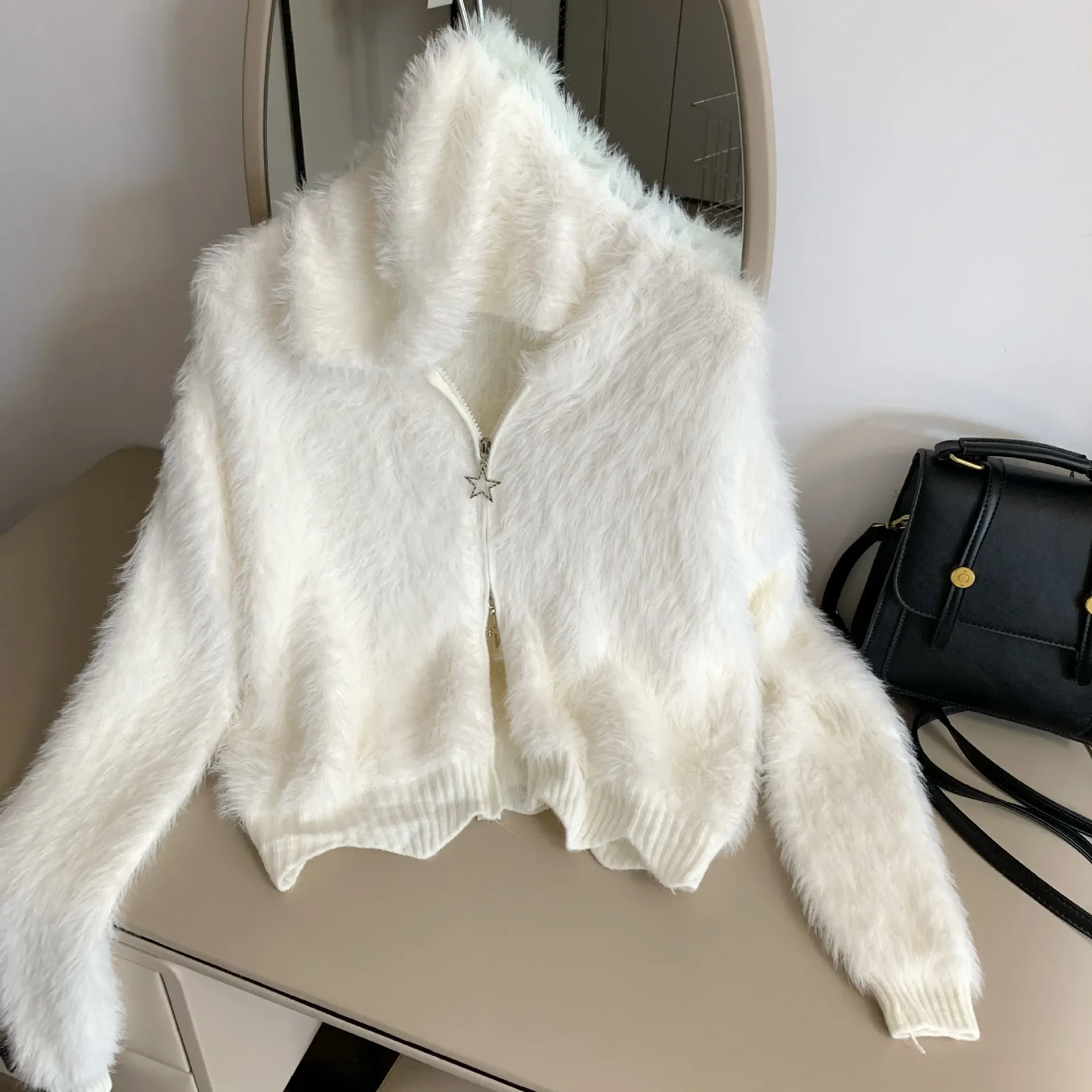 Korejpaa Imitazione Pelliccia di Visone Cerniera Giacca Maglione Donna 2025 Autunno Inverno Delicato Cardigan Lavorato A Maglia Casual Con Cappuccio Top A Maniche Lunghe