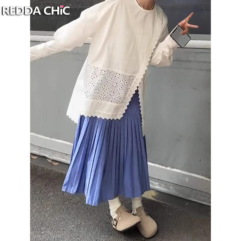 ReddaChic Teen Girl High Rise Pleated Skirt Plain Midi Long Draped A-line Flowy Skirt School Uniform Women Casual Summer Clothes