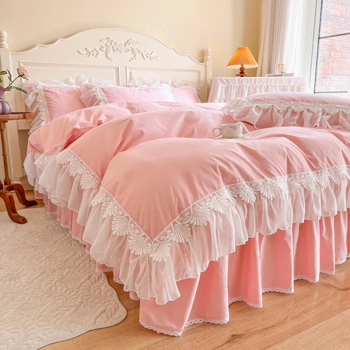 Egyptian Cotton Lace Ruffles Bedding Set Luxury 4pcs Solid Color Princess Quilt/Duvet Cover Bed Skirt Pillowcases Bedclothes