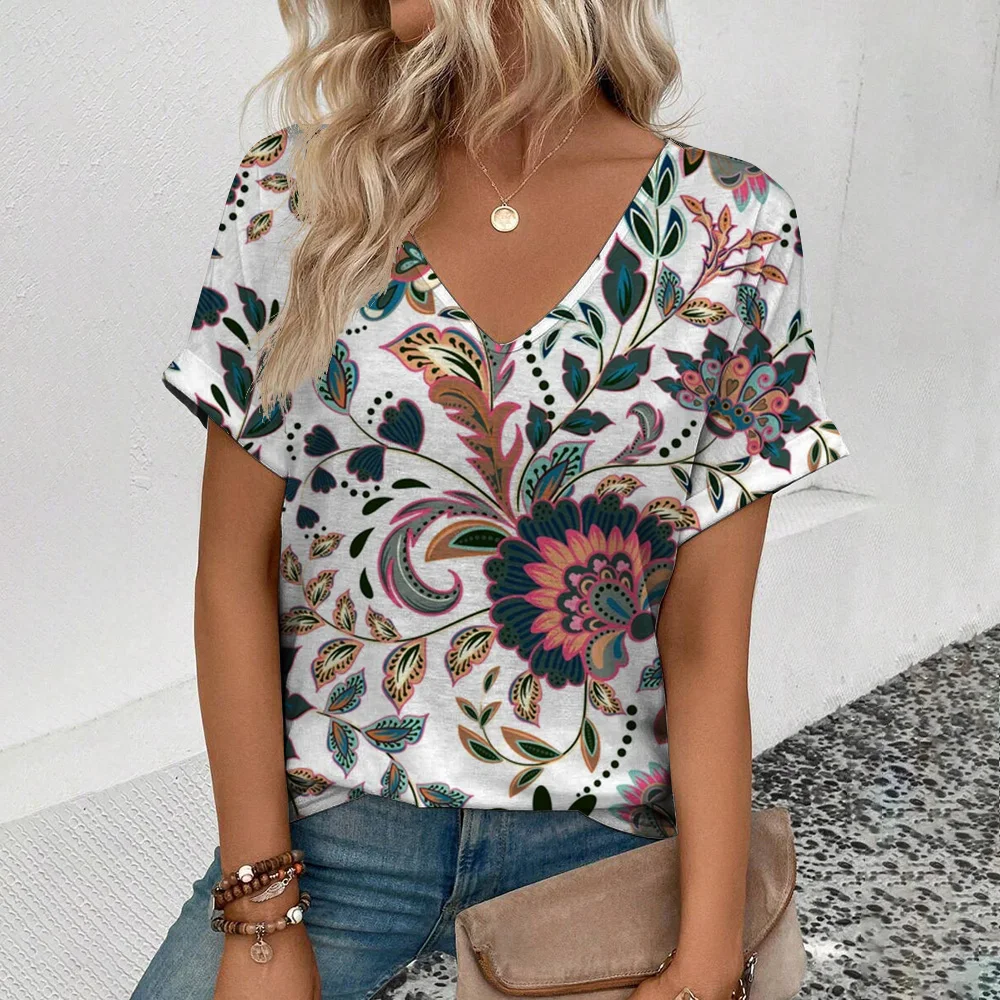 2024 Summer Women\'s V-neck T-shirt Daily Casual Top Personality Vintage Cashew Flower Print Short Sleeve Loose Comfortable Tees