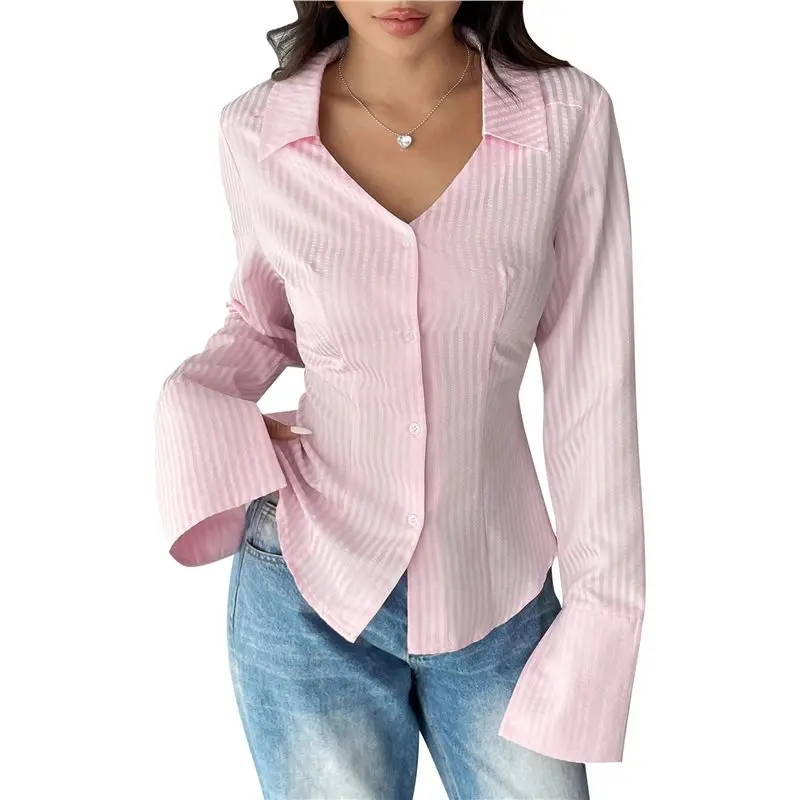 

CYL-Women's Striped Button Down Slim Fit Shirt Long Sleeve Collar Work Blouse Tops
