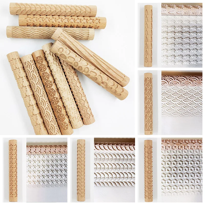 1pc Solid Wood Pottery Art Clay Roller Embossed Rod Diy Fondant Paste Rolling Stick Reliefs Modeling Ripple Pattern Clay Tools