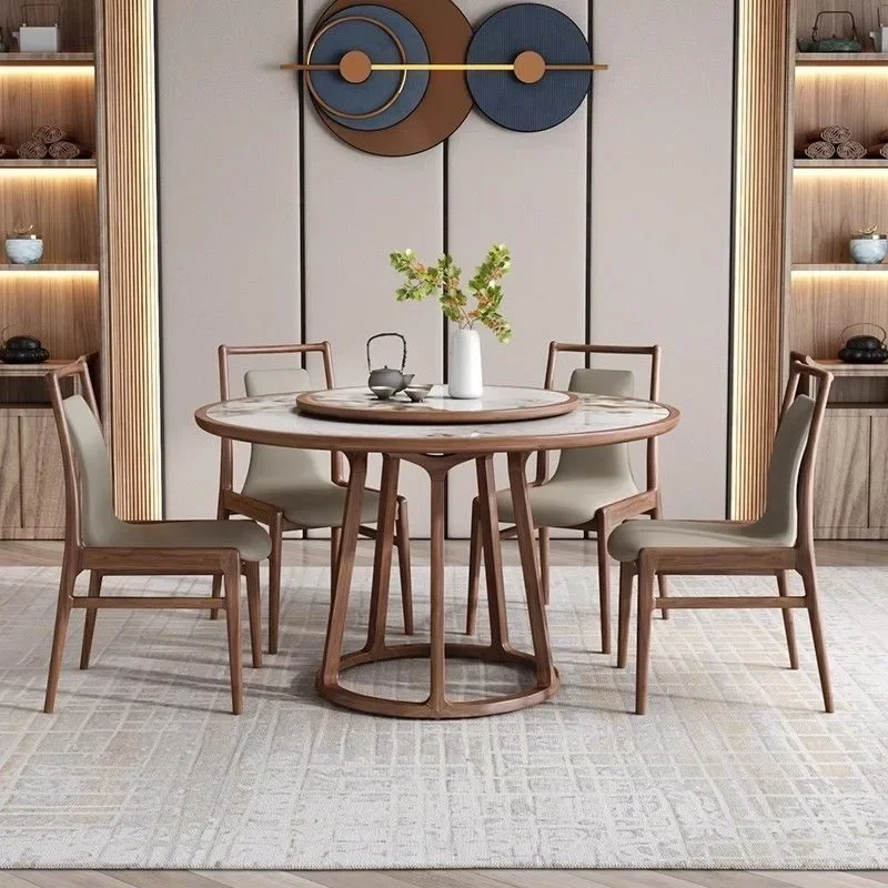 New Chinese black walnut modern home rock slab round dining table and chair combination round table