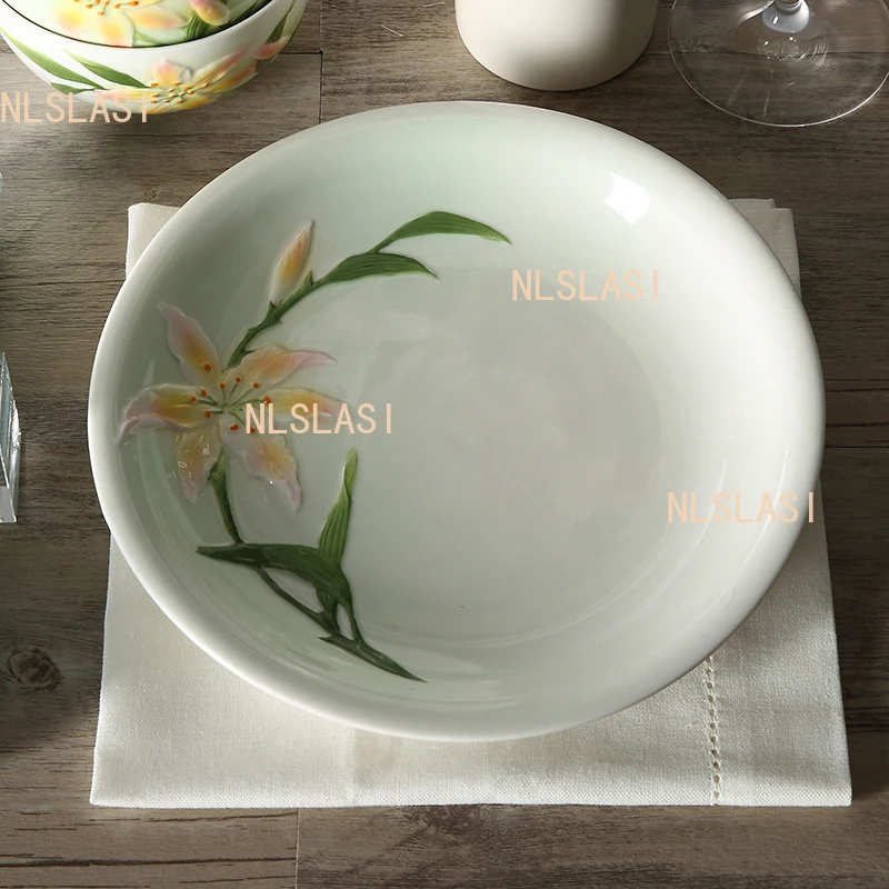 8.5-inch Ceramic Steak Plate Household Circular Dessert Plate Rural Style Plants Flowers and Vegetable Dishes Underglaze Colour