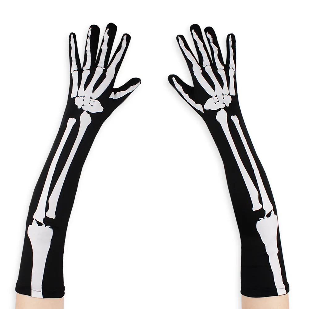 Double Sided Print Long Skeleton Gloves Creepy Bone Hand Gloves Dress Up Performance Prop for Costume Party