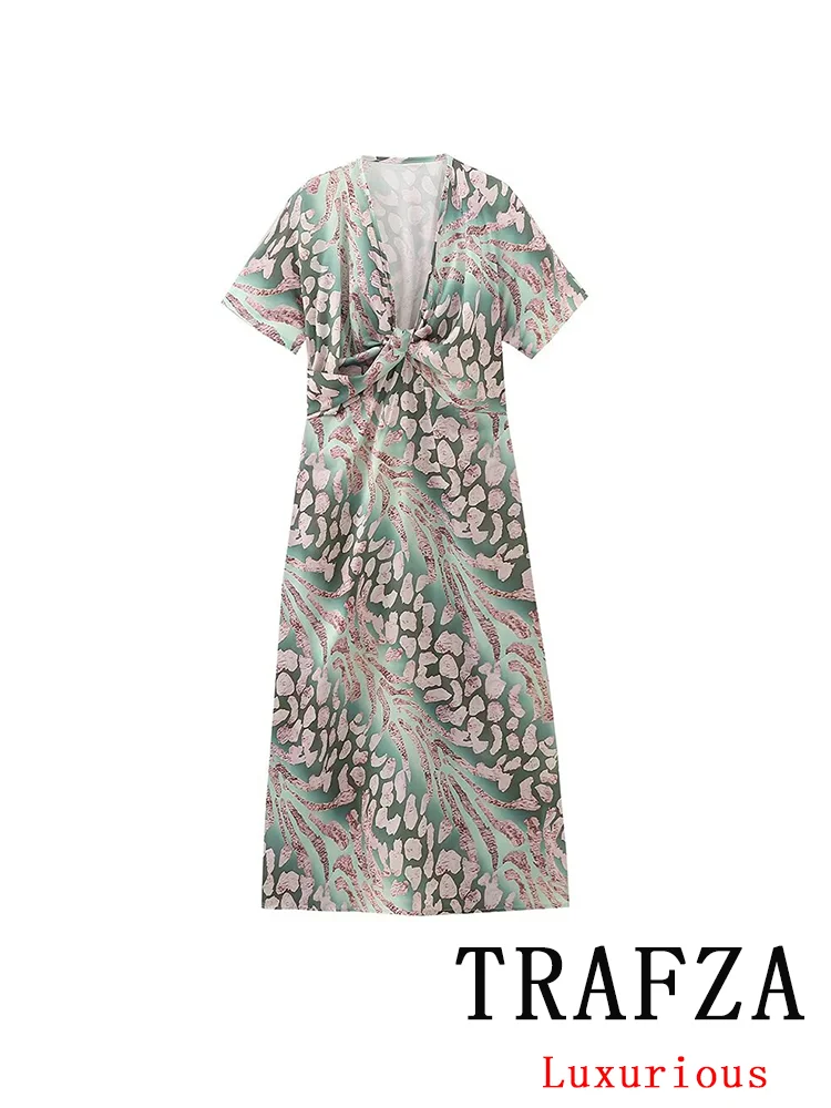 TRAFZA Vintage Chic Casual Women  Print Dress Satin V-Neck Short Sleeve Long Dress New Fashion 2024 Summer Boho Party Dress