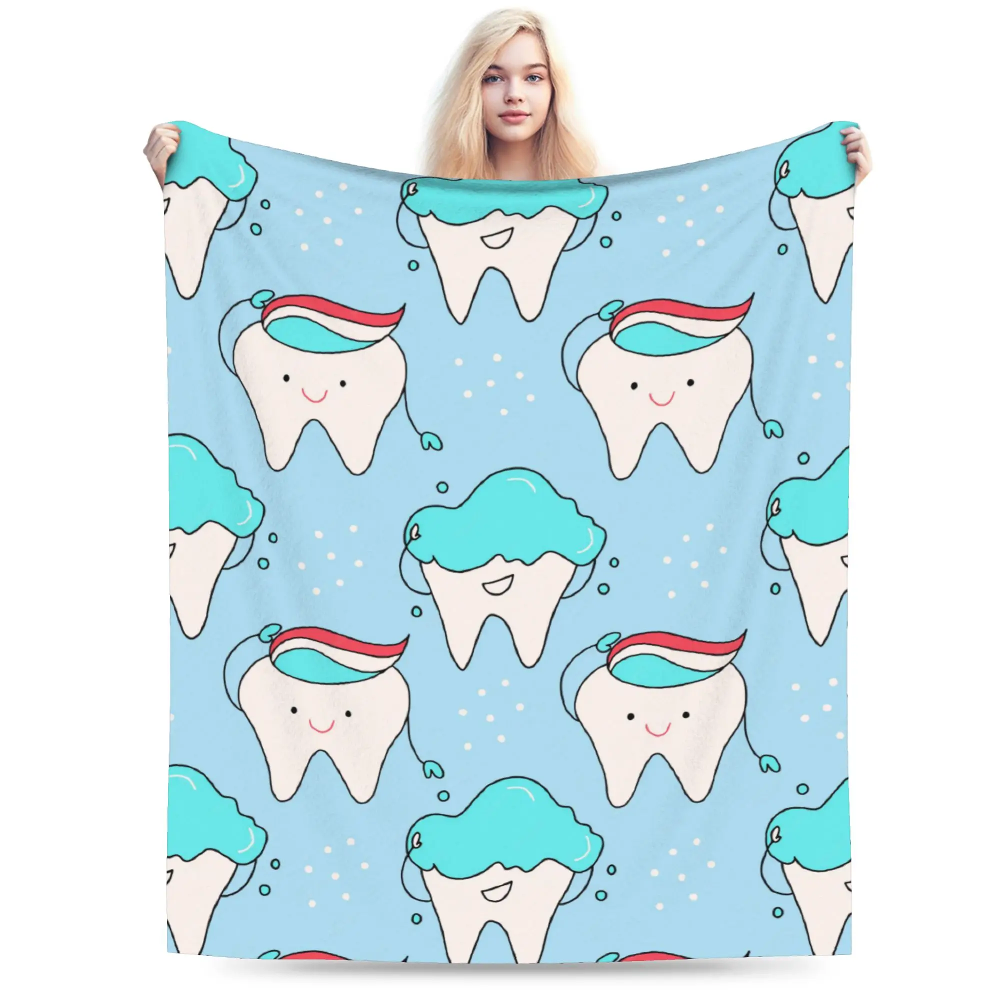 Custom Smiling Teeth Blue Medical Pattern Blanket 3D Printed Soft Flannel Fleece Warm Throw Blankets for Car Bedroom Couch Quilt
