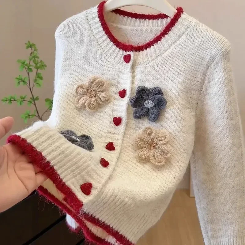 Soft 3D Floral Heart Button Cardigan Women Single Breasted Knit Sweater Jacket Casual Layering Top Autumn