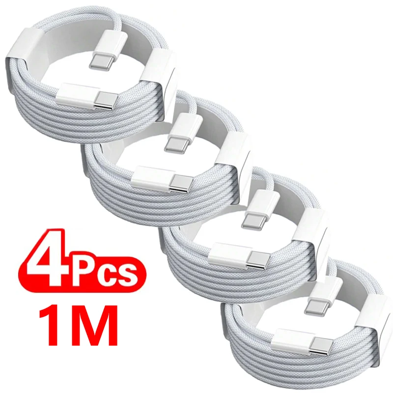 4 stuks USB-C kabel naar USB-C 100W snellaadkabel ondersteunt snelladen voor iPhone 17 16 15 Samsung Xiaomi Huawei etc.