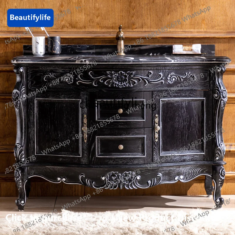 183High-end red oak European bathroom cabinet double basin wash basin combination black lacquer seedling silver