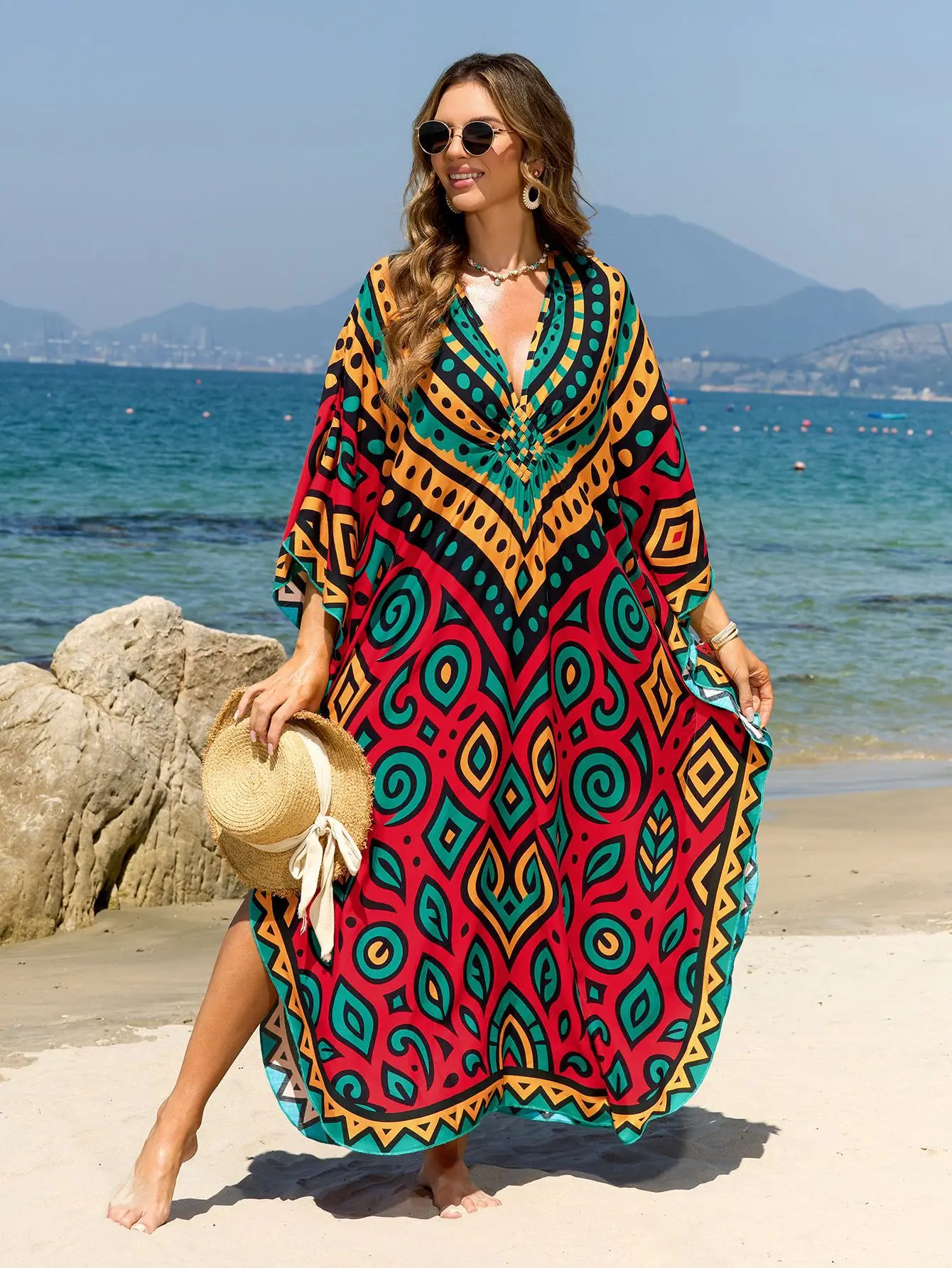 Robes de plage caftans imprimés géométriques pour femmes, tissées à la main, décolleté en V profond, fente latérale, vêtements de plage pour vacances d'été