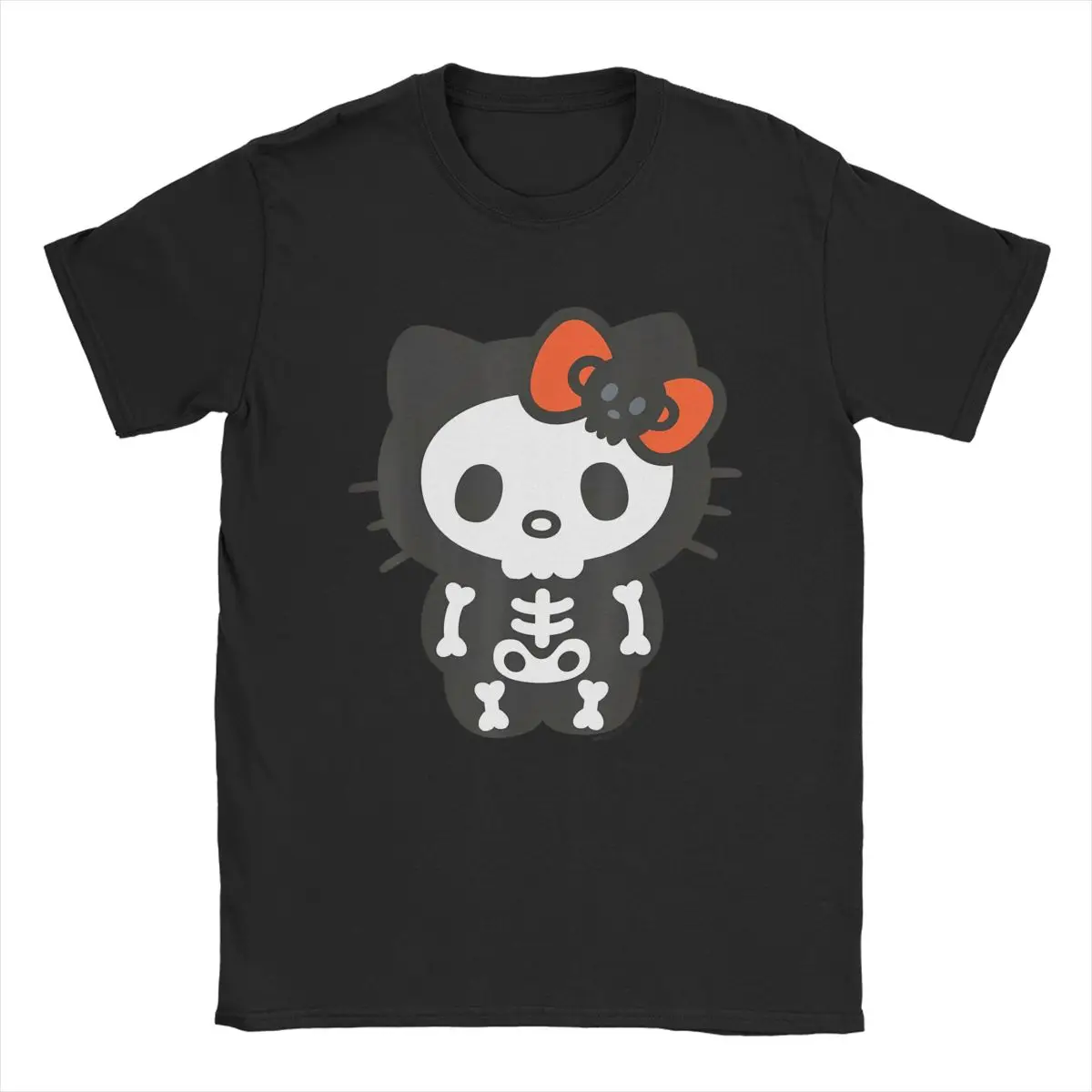 Vintage Hello Kitty Skeleton Halloween T-Shirt for Men Crew Neck Cotton T Shirts Harajuku Short Sleeve Streetwear Unisex Tops