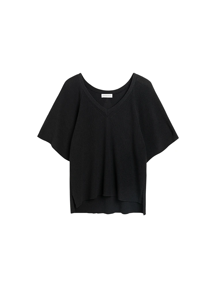 Black Asymmetric Short Sleeve V-Neck Knitwear Top for Women Spring New Style Soft Cotton Blend Comfortable Breathable Commute...