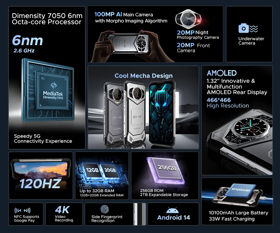 DOOGEE S200 Rugged Phone 5G Dimensity 7050 Octa Core 1.32" AMOLED Rear Display 12GB RAM+256GB ROM 100MP Camera 10100mAh 5G Phone