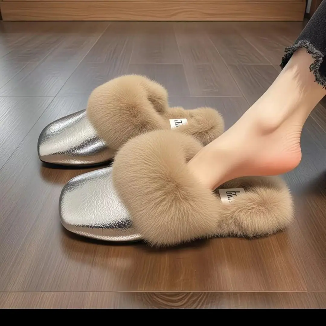 

Women's Warm Plush Flat Slippers Autumn Winter Fashion Non-Slip Outdoor Shoes Lightweight Comfortable Casual Half Slippers