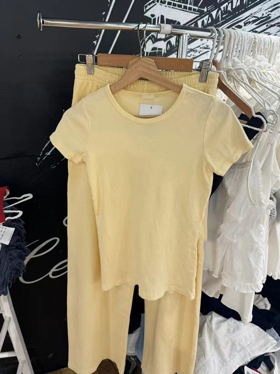الحلو الأصفر القطن تي شيرت بانت مجموعات المرأة الجديدة عادية س الرقبة قصيرة الأكمام المحملة مستقيم Sweatpant دعوى لطيف Y2K 2 قطعة مجموعة