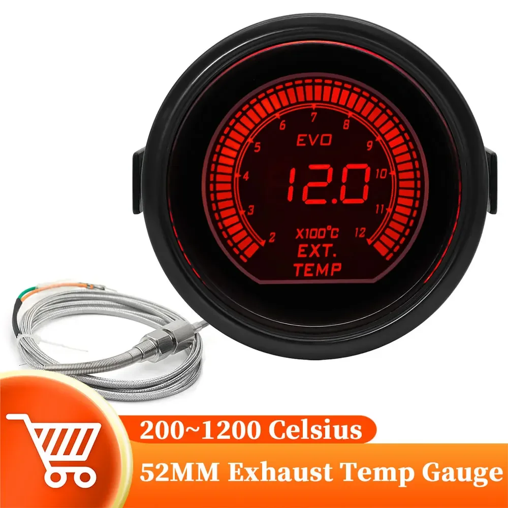 52mm Universal Exhaust Gas Temp EGT Gauge Car LED Digital LED Dual Colors Backlight With Sensor 2~12x100 Celsius For 12V Car