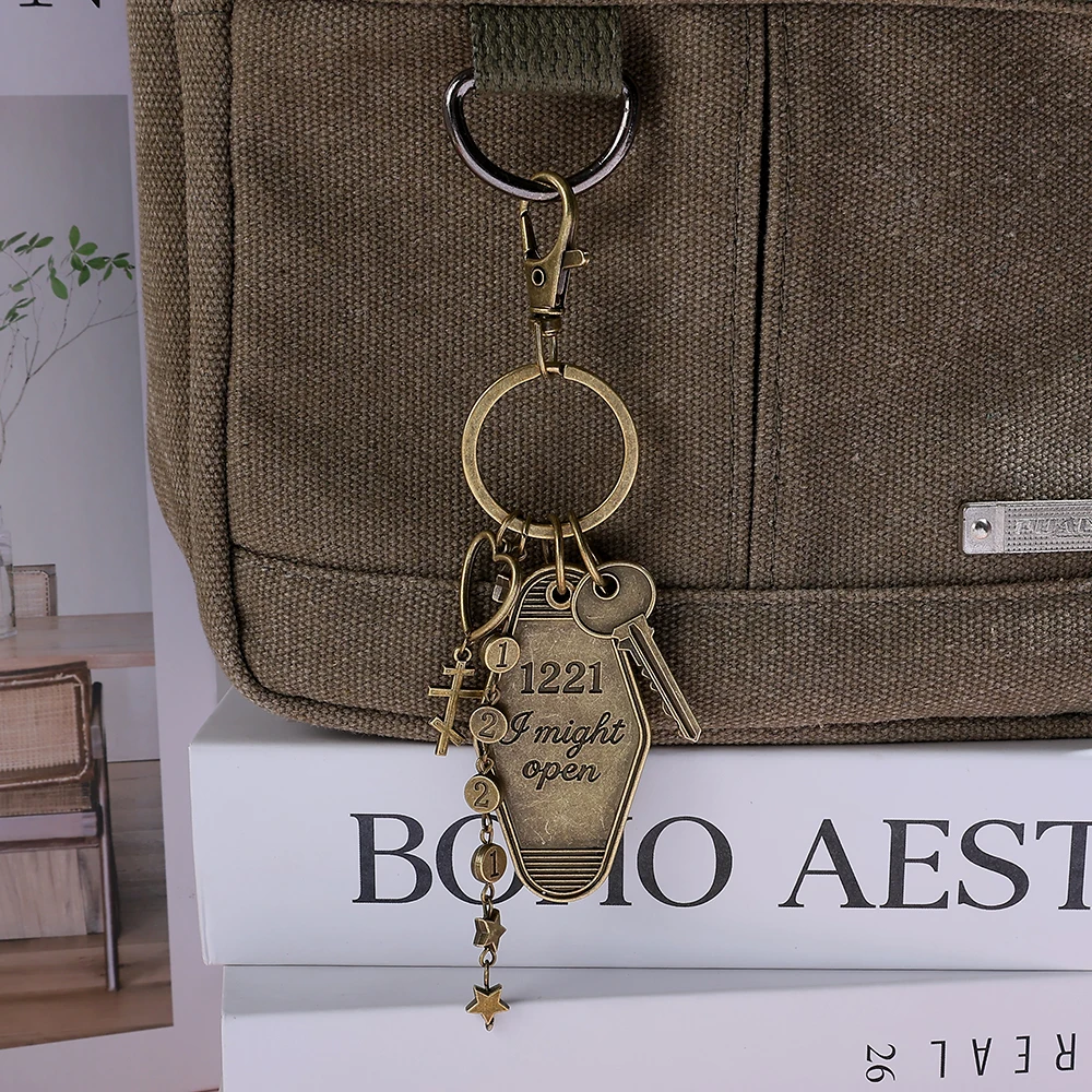 Vintage Couple Keychain 1221 1410 Engraved Tag Keyring with Star Cross Pendant for Backpack Car Key Jewelry Gift