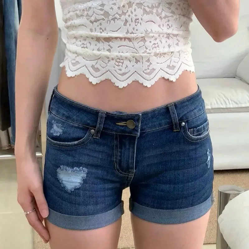 Denim Shorts for Women 2026 Ripped Mid Waist Solid Color Soft Short Jeans Woman Summer Fashion Personalized Street Cowboy Shorts