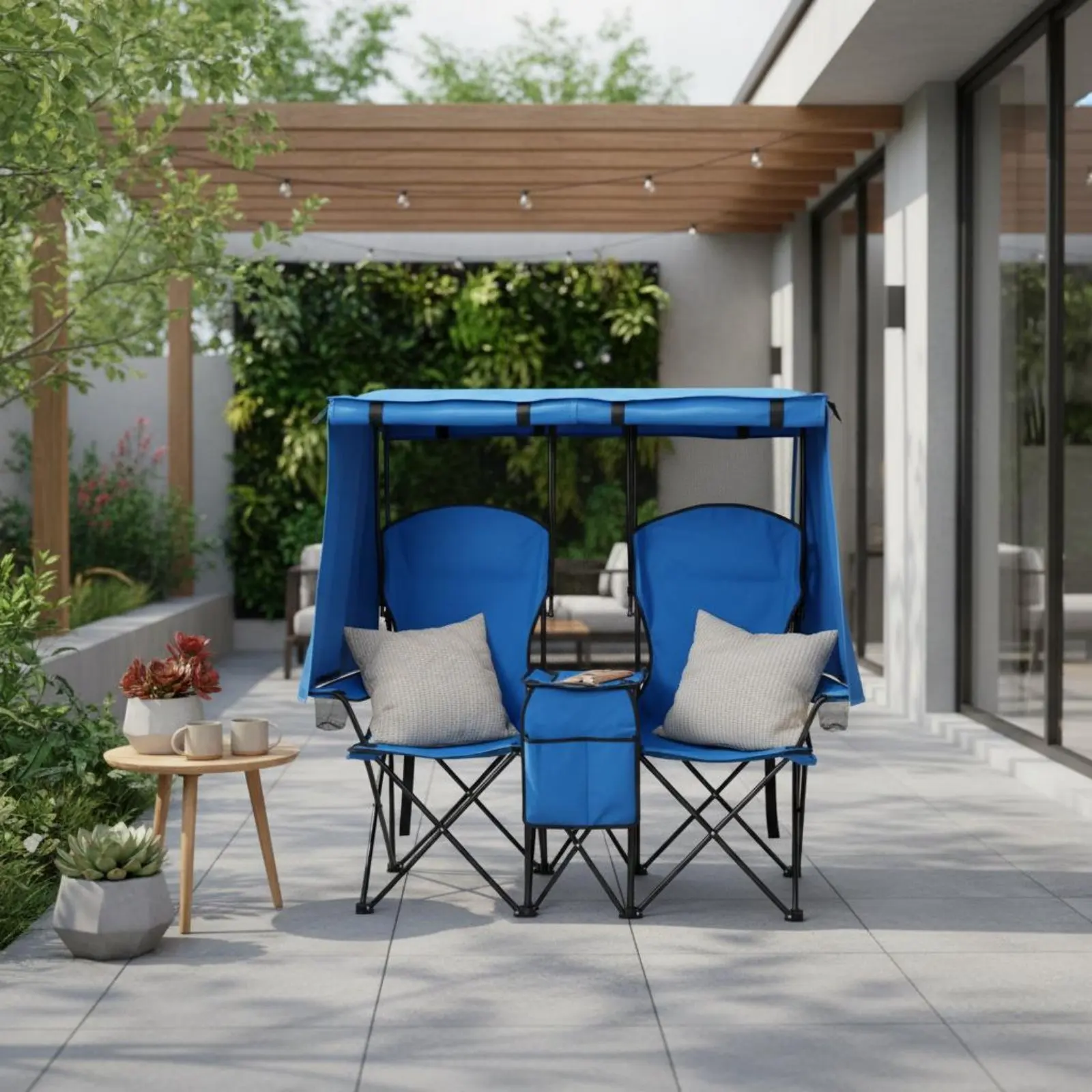 Double Camping Chair with Overhead Cover Foldable Design Portable Loveseat with Cooler Outdoor Furniture Rollable Curtains