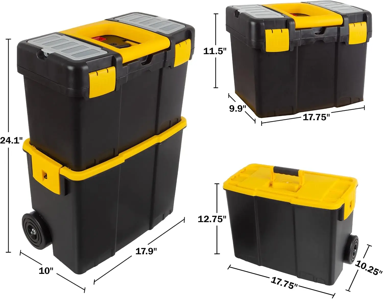 Portable Tool Box with Wheels, 2-in-1 Stackable Rolling Tool Chest, Fold-Down Handle, Removable Trays