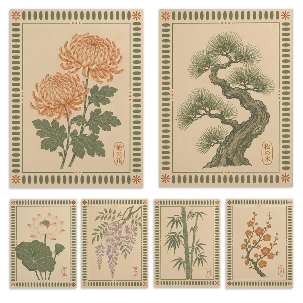 Japanese-style floral prints featuring lotus, wisteria, cherry blossoms, camellias, bamboo, and Zen-inspired home decor posters.