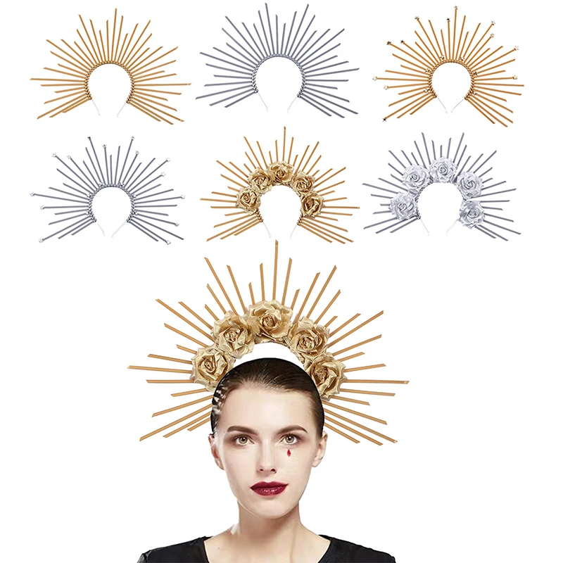 Donne Tiara barocca copricapo greco corona a spillo Mary Halo dea fascia Halloween Costume Cosplay copricapo accessori per capelli