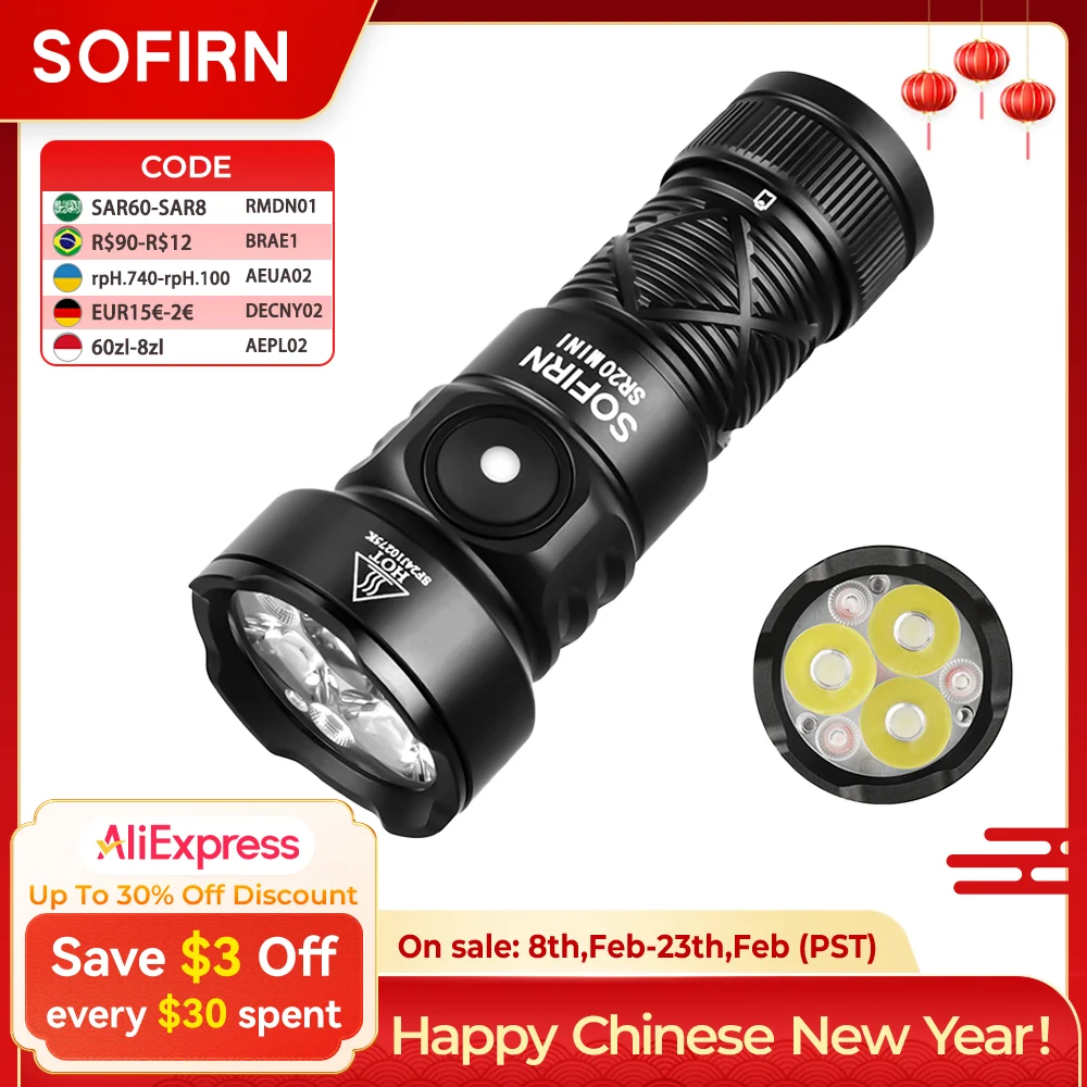Sofirn SR20 MINI 1200lm Flashlight 18350 White and Red LED Light for Camping, Hunting, and Emergency Situations IP68 Waterproof