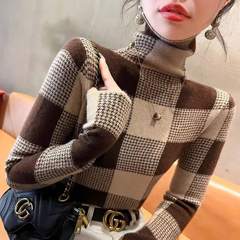 Autumn Winter Vintage Fashion Turtleneck Long Sleeve Pullover Women Clothing Casual All-match Slim Sweaters Office Lady Knit Top