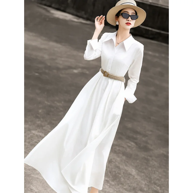 

MEXCOCO 2025Осеннее новое элегантное длинное платье высокого класса с тонкой талией и длинными рукавами, белое платье-рубашка для женщин