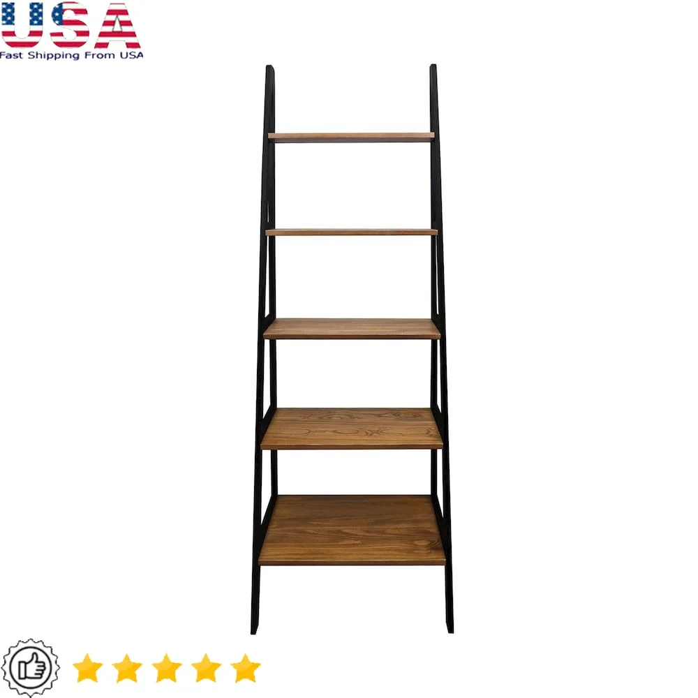 

5-Shelf Ladder Bookcase Solid Wood Rustic Brown Black Modern Design Vertical Storage Ideal Books Collectables Easy Assembly