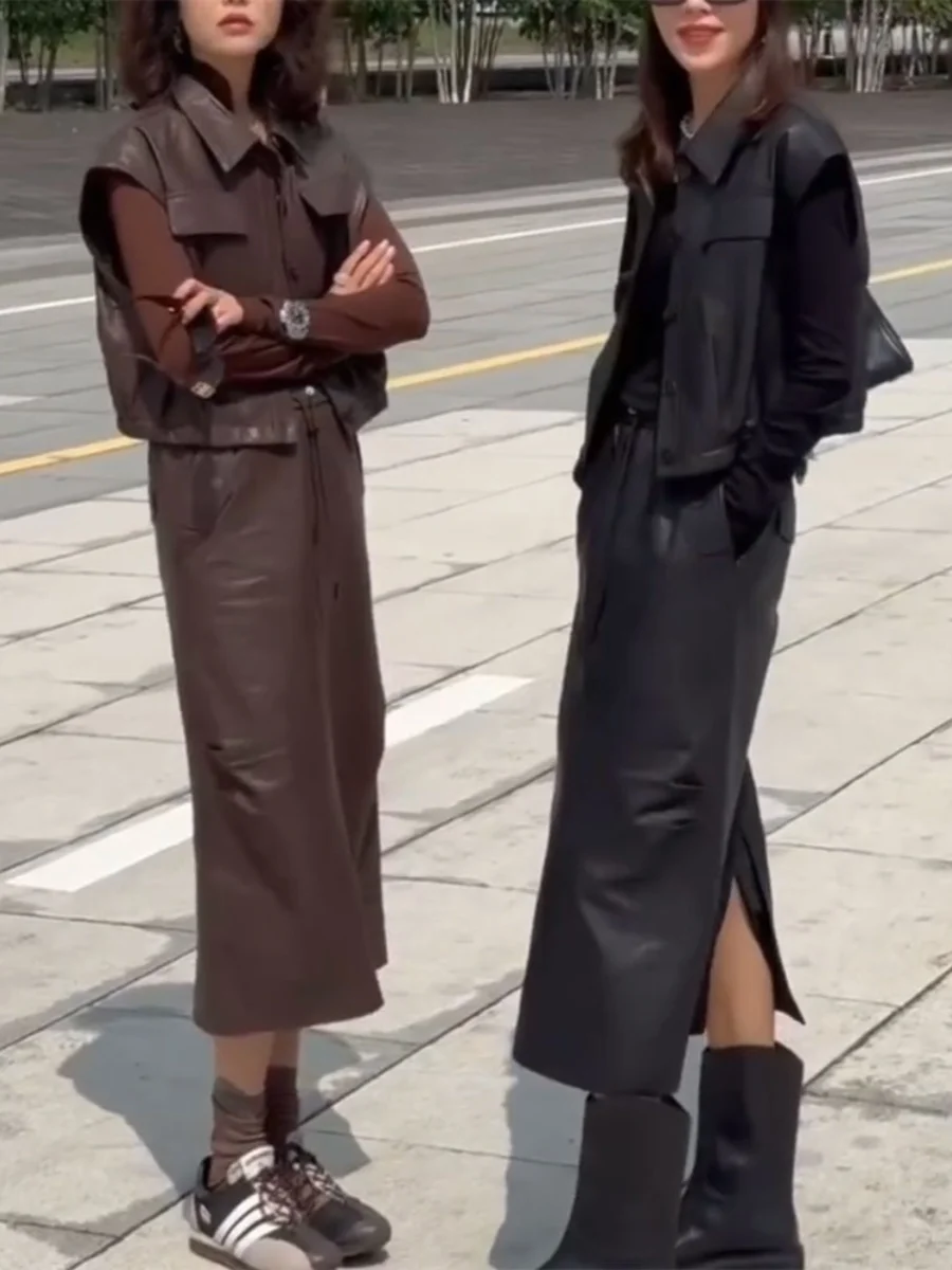 Chen Mrs. Genuine Leather Single Button eepskin Vest Women's Svel Jaet Versatile Outerwear Square Collar ort Sle