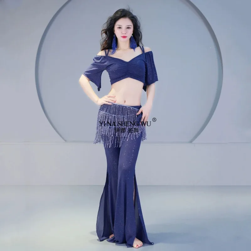 Sparkle Sheer Mesh Outfit Oriental Dance Costume Class Wear Girls Belly Dance Flare Trousers Shimmy 3pcs Suit Top Pants Belt