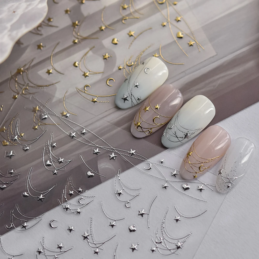 Gold Silber Liebe Herz Stern Mond Geometrische Linien Halskette Heißprägen Retro Weiche Selbstklebende Nail art Aufkleber Maniküre Aufkleber