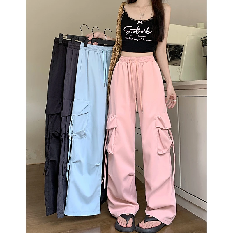 

High Waist Draped Wide Leg Pants Women's Spring Summer plus Size Loose Quick Dry Parachute American Style Casual Trousers