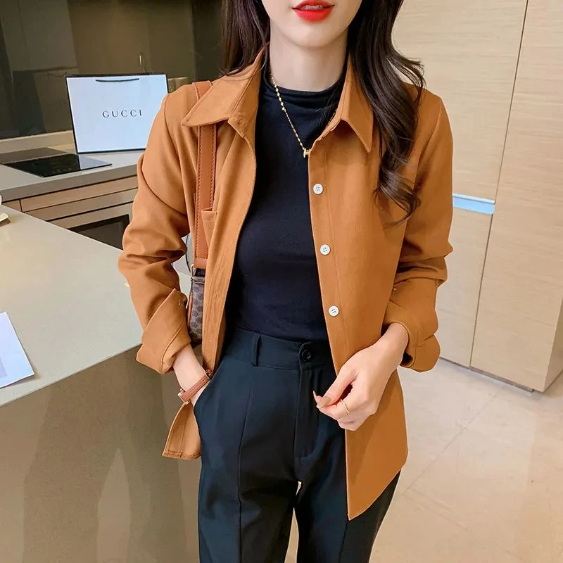 

Spring Autumn New Female Frosted Plush Cardigan Blouse Coat Women Top Grade Fashion Corduroy Long Sleeved Solid Color Shirts