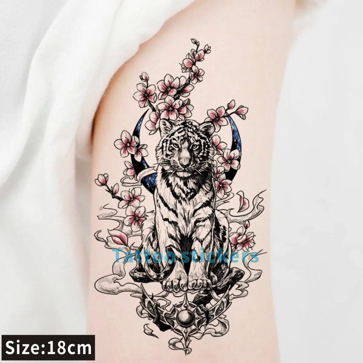 Sakura Fake Tattoo Sticker Man Arm Temporary Tattoos Peach Blossom Tiger Moon Cute Tatoo Festival Cheap Goods Art Tattoo Sticker