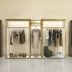 Custom, Garment Store Interior Design Led Display Furniture Metal Gold Clothing Display Rack with Light