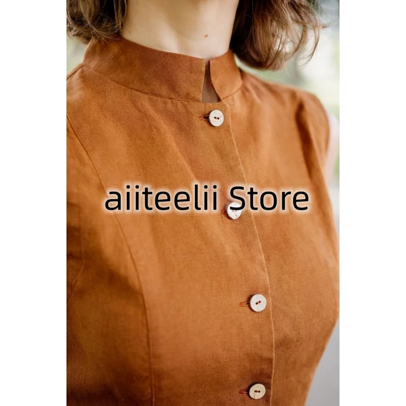 Women's Vest Linen Solid Color Rustic Style Elegant Single Breasted Stand Collar Slim Skirt Fashion Fit Casual Cropped Top Coat