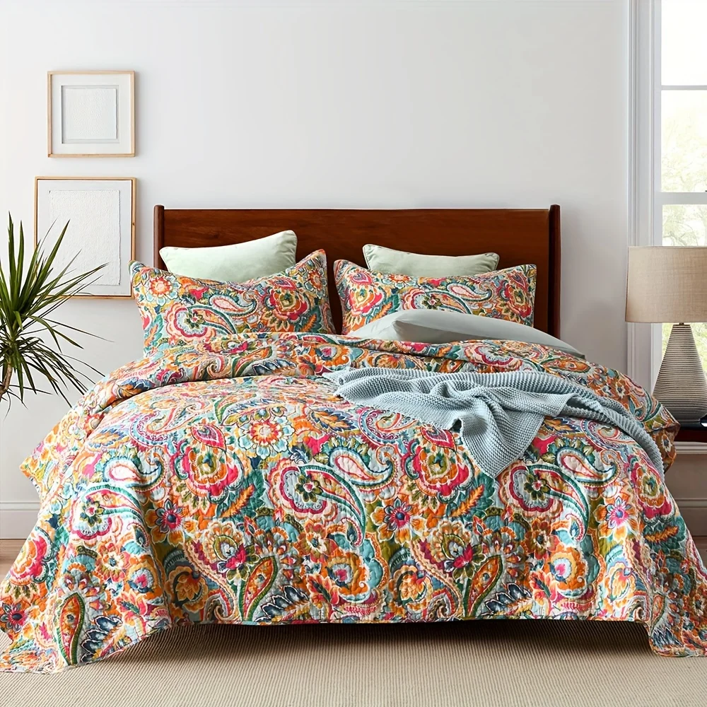 3Pcs 100% Cotton Vintage Paisley Floral Quilt Set Reversible Bedding Coverlet Queen King Size